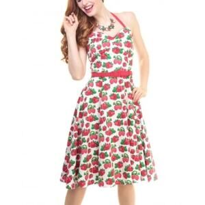 Collectif Strawberry Print Halter Midi Dress Fit and Flare Pinup Retro 50's